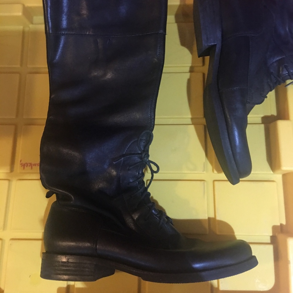 Lace up genuine leather black tall riding boot